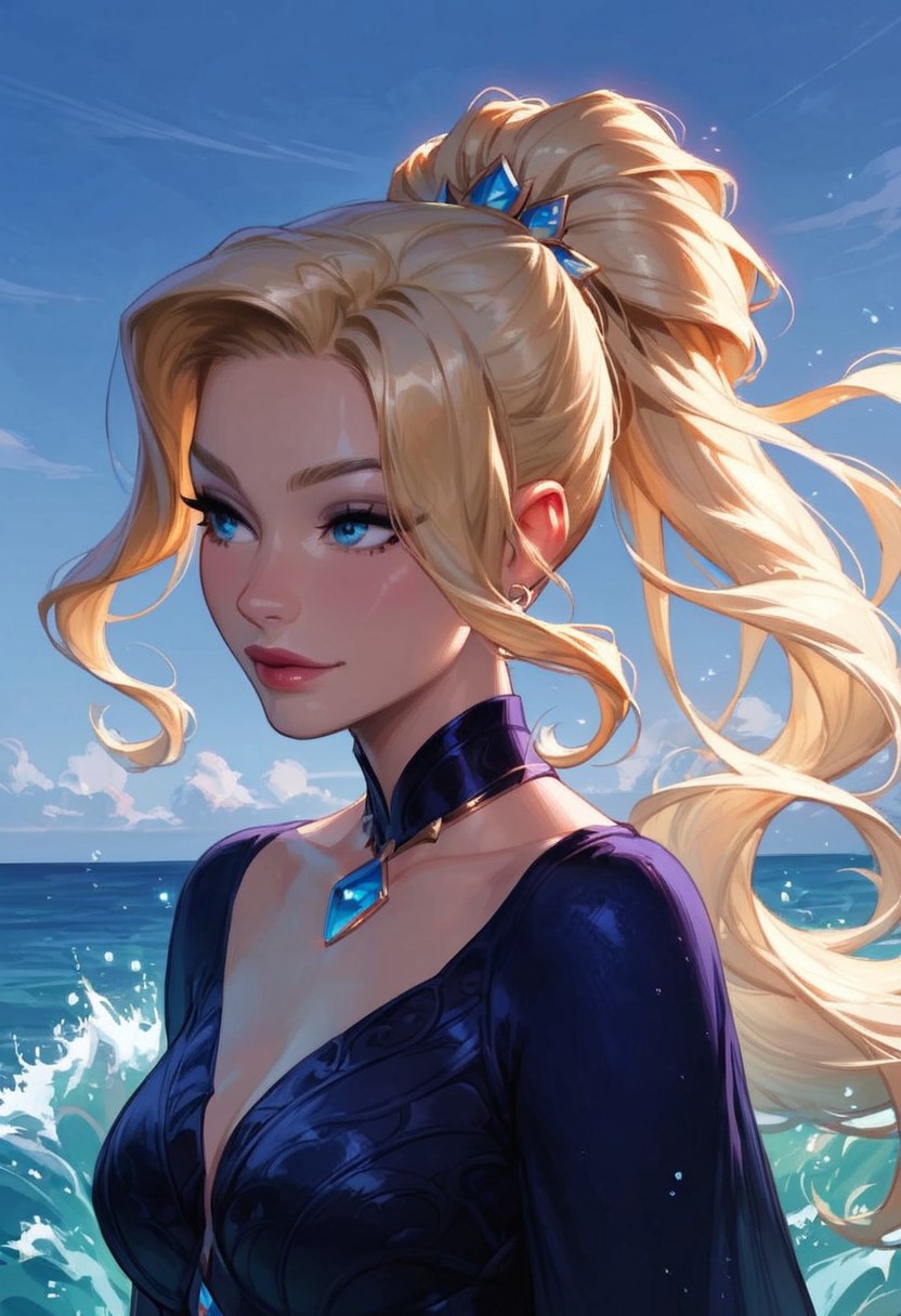 score_9, score_8_up, score_7_up, female mage, flying above ocean, waves, waves parted, blue robes, crystalline staff, deep blue eyes, blonde hair, flowing hair, ocean life in water..
In the dimly lit chamber, the enchantress' eyes sparkled with a tantalizing promise, their depths shimmering like twin stars. Her gaze, intense and mesmerizing, held the power to captivate and ensnare. The soft glow of the firelight played across her delicate features, highlighting the allure of her enigmatic smile. Draped in flowing, ethereal robes that clung to her graceful form, she moved with a fluid elegance that seemed almost otherworldly. Each glance she cast was a silent invitation, filled with the unspoken allure of secrets and desires yet to be revealed. The air around her thrummed with a subtle, magical energy, as if the very atmosphere responded to her presence. Those who met her gaze felt a magnetic pull, drawn into the spellbinding promise of her eyes, unable to look away.