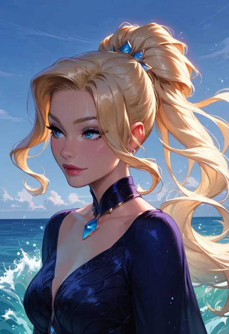 score_9, score_8_up, score_7_up, female mage, flying above ocean, waves, waves parted, blue robes, crystalline staff, deep blue eyes, blonde hair, flowing hair, ocean life in water..
In the dimly lit chamber, the enchantress' eyes sparkled with a tantalizing promise, their depths shimmering like twin stars. Her gaze, intense and mesmerizing, held the power to captivate and ensnare. The soft glow of the firelight played across her delicate features, highlighting the allure of her enigmatic smile. Draped in flowing, ethereal robes that clung to her graceful form, she moved with a fluid elegance that seemed almost otherworldly. Each glance she cast was a silent invitation, filled with the unspoken allure of secrets and desires yet to be revealed. The air around her thrummed with a subtle, magical energy, as if the very atmosphere responded to her presence. Those who met her gaze felt a magnetic pull, drawn into the spellbinding promise of her eyes, unable to look away.