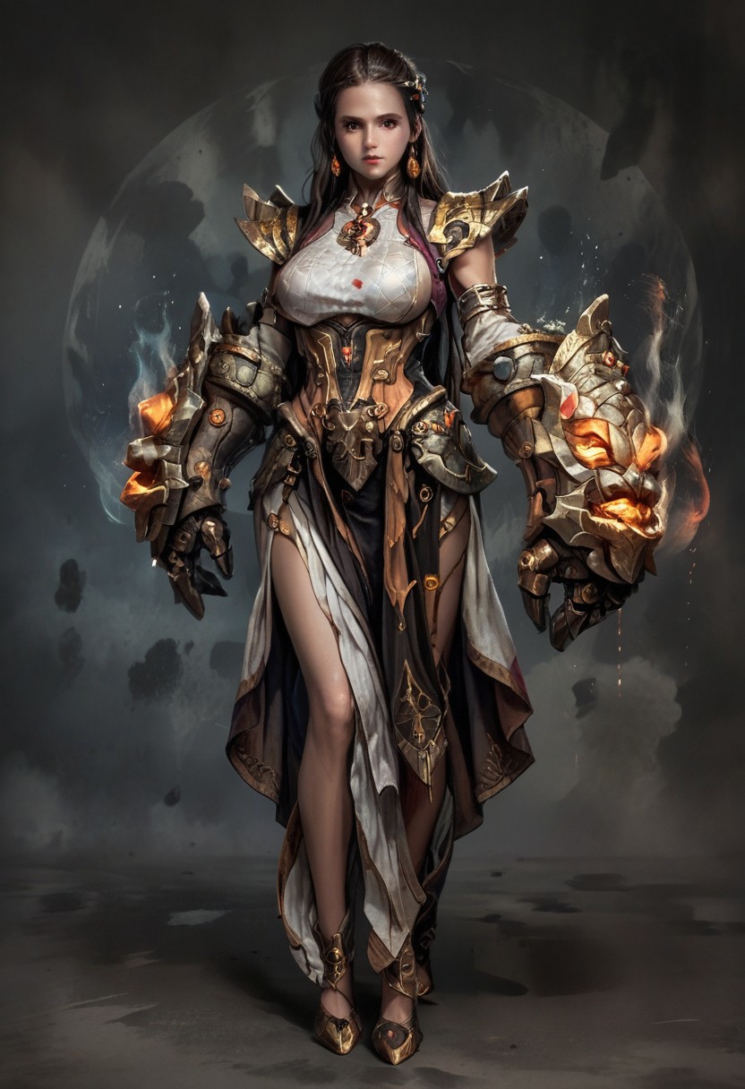 score_9, score_8_up, score_7_up, rating_safe, concept art, semi-realistic, Fixhand, 1girl, solo. Proportion body.
Young beautiful face, fit body, Sexy face, Sexy body, (Big breast), (Round breast). (Long legs:1.5).
Battle gloves, Fantasy