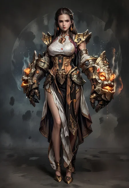 score_9, score_8_up, score_7_up, rating_safe, concept art, semi-realistic, Fixhand, 1girl, solo. Proportion body.
Young beautiful face, fit body, Sexy face, Sexy body, (Big breast), (Round breast). (Long legs:1.5).
Battle gloves, Fantasy