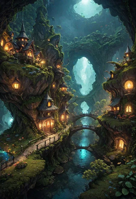 dreamscape A surreal dreamscape of a dark scifi fairy village,filled with ethereal mystery amidst fantastical elements that captivate viewers in an enchanting manner . surreal,ethereal,dreamy,mysterious,fantasy,highly detailed,