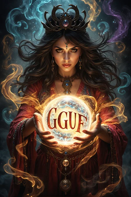 Amazing quality, ultra detailed, masterpiece, best quality, super realistic, high contrast, high saturation, highly detailed, a female gypsy fortune teller, holding a crystal ball surrounded by swirling energy flows,word "GGUF" in the ball. She is casting powerful magic, her spells radiating with intense magical energy. The scene is vibrant and full of dynamic energy, capturing the essence of her mystical powers in stunning, realistic detail.