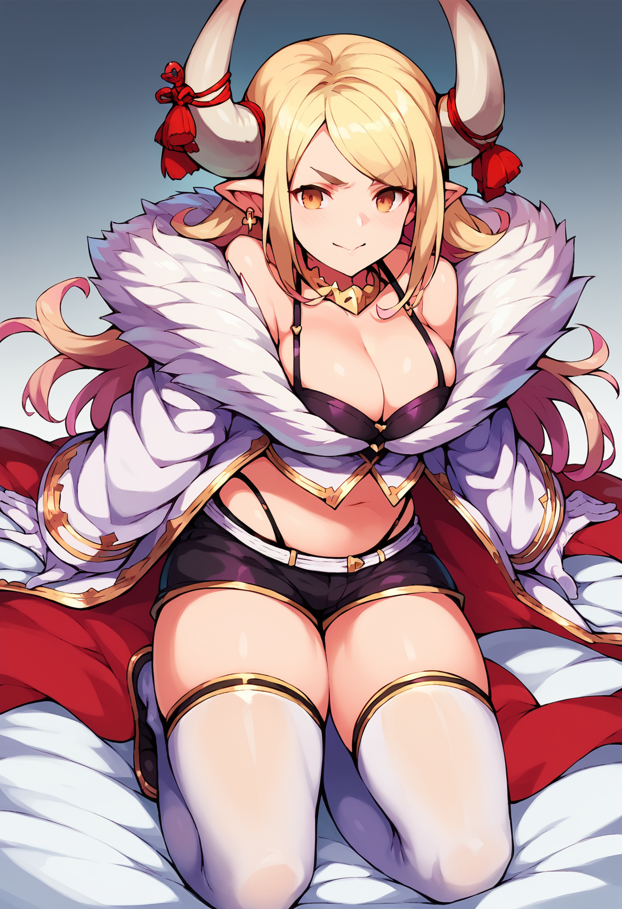 score_9, score_8_up, score_7_up, uncensored, source_anime, 1girl, <lora:spgbfKumbhiraXLPony-000003:1> kumbhiradef, horns, horn ribbon, earrings, white jacket, fur trim, cleavage, white gloves, black shorts, highleg panties, white thighhighs