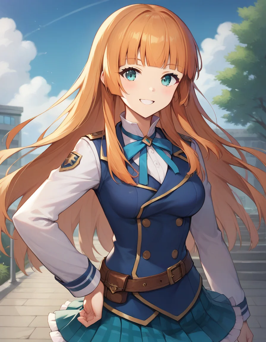 score_9,score_8_up,score_7_up,score_6_up BREAK official art,solo,outdoors,upper body,(portrait:1.5),looking at viewer,facing viewer,smile,Anne(snb),Anne uniform,very long hair,orange hair,hime cut,floating hair,sidelocks,blunt bangs,aqua eyes,school uniform,blue neck ribbon,blue vest,white shirt,buttons,long sleeves,hand on hip,medium breasts,brown belt,belt buckle,miniskirt,blue skirt,plaid skirt,frilled skirt,pleated skirt,zettai ryouiki,thigh strap,black thighhighs,thighhighs under boots,cross-laced footwear,brown footwear,<lora:Anne(snb)-Pony:1.2>,<lora:Smooth Anime Style LoRA XL:0.8>,
