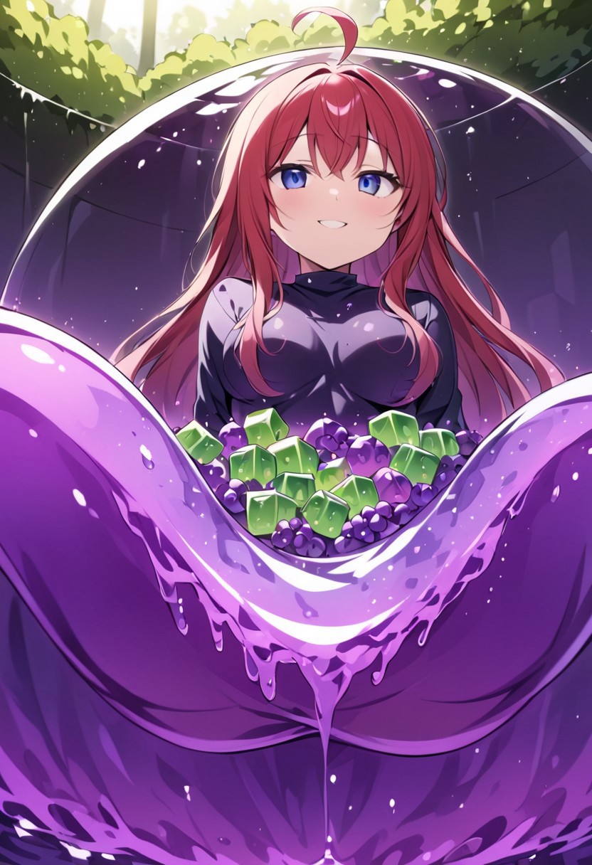 (masterpiece), (score_9, score_8_up, score_7_up,source_anime), 4K8K, best quality, high res image, illustration, Uncorrected, CG, 
(girl view from below. look-up angle:1.3), from side, 
1 fairy girl sitting on a giant grape slime, pretty slime sex, (lot of grape cubes around woman), (hair over breasts, long hair, hair censor:1.4), twinkle grape cube, 
slime, slime like a grape, grape slime, see-through violet slime, 
BREAK
medium breasts, 
(gradient hair, pink and hair, very long hair, red bangs, ahoge, hair over breasts, hair censor), 
(blue eyes, half opened eyes, jitome, smile), 
wearing tube top, cube, 
in orchard, fruit orchard, fruits trees,
