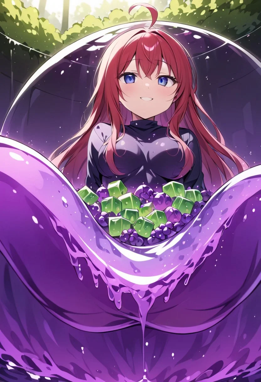 (masterpiece), (score_9, score_8_up, score_7_up,source_anime), 4K8K, best quality, high res image, illustration, Uncorrected, CG, 
(girl view from below. look-up angle:1.3), from side, 
1 fairy girl sitting on a giant grape slime, pretty slime sex, (lot of grape cubes around woman), (hair over breasts, long hair, hair censor:1.4), twinkle grape cube, 
slime, slime like a grape, grape slime, see-through violet slime, 
BREAK
medium breasts, 
(gradient hair, pink and hair, very long hair, red bangs, ahoge, hair over breasts, hair censor), 
(blue eyes, half opened eyes, jitome, smile), 
wearing tube top, cube, 
in orchard, fruit orchard, fruits trees,