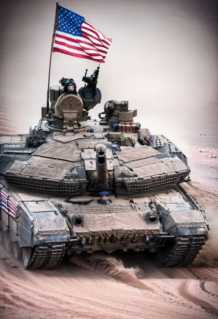 a t90m main battle tank with ((us flag:1.2)) on rear, driving in dark desert, Highly detailed, dramatic, Iconic, (midnight lighting), sharp focus, photographed on a cannon EOS R5, Photo-realism,