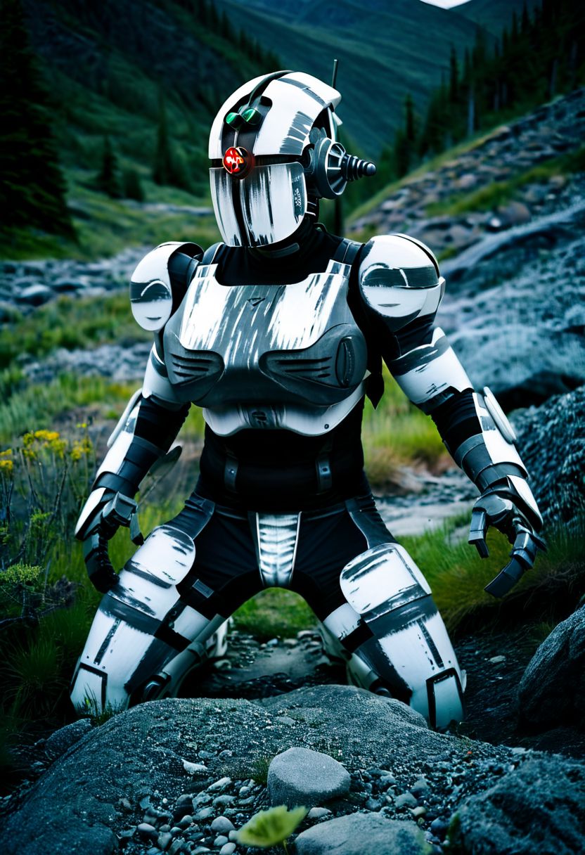 easynegative, extremely detailed, dark, chiaroscuro, low-key, AssaultronCosplay, zavy-strps, a white assaultron robot, ((the assaultron has grey stripes painted on its armor)), ((tiger stripe pattern)), in the mountains of Alaska
