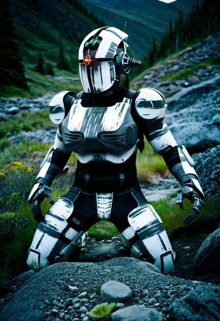 easynegative, extremely detailed, dark, chiaroscuro, low-key, AssaultronCosplay, zavy-strps, a white assaultron robot, ((the assaultron has grey stripes painted on its armor)), ((tiger stripe pattern)), in the mountains of Alaska