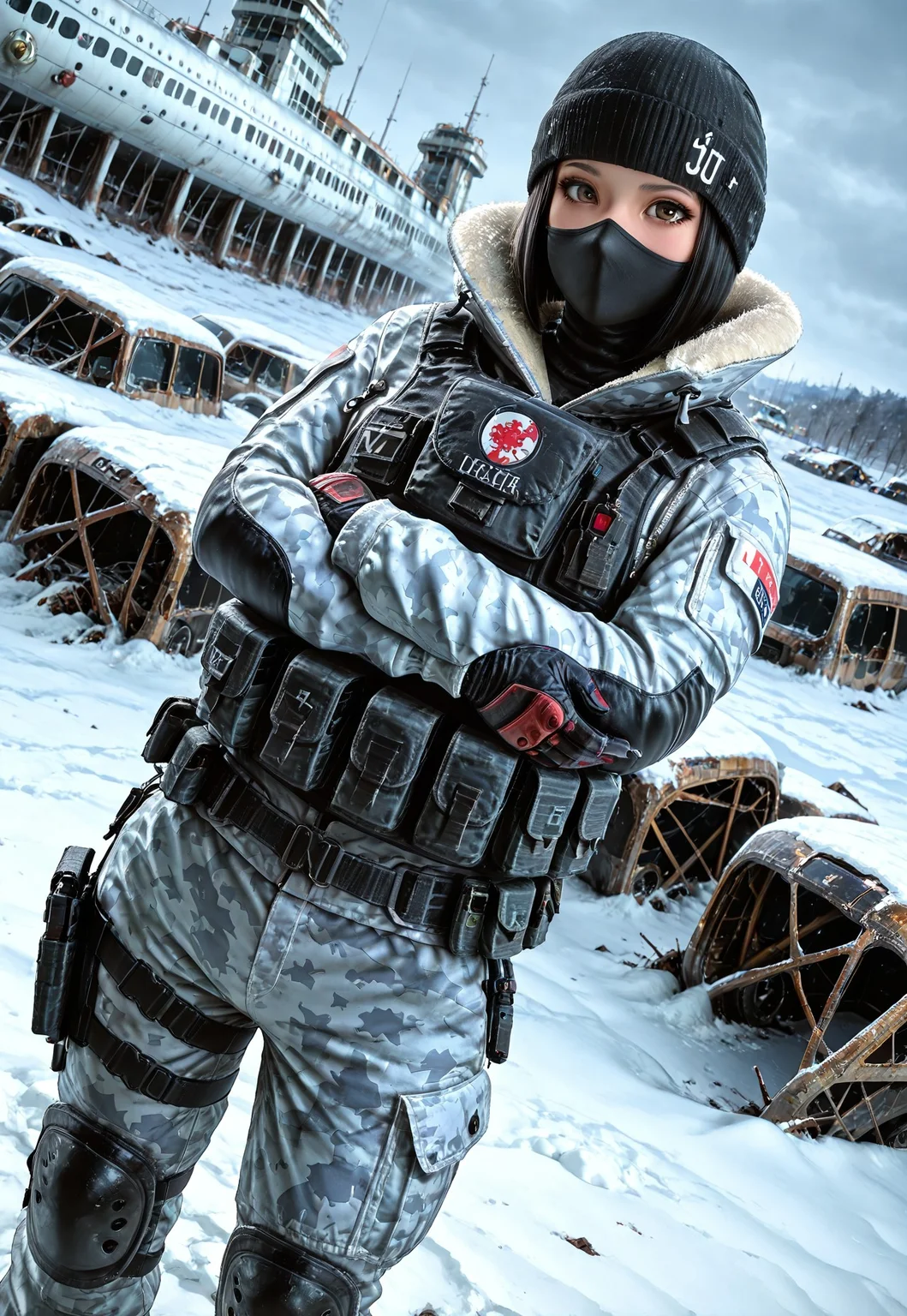 lazypos, masterpiece, best quality, dynamic angle, 1girl, solo, frostr6s, brown eyes, beanie, balaclava, camouflage jacket, camouflage pants, bulletproof vest, black hair, bobcut, tactical gloves, arms crossed, looking at viewer, cruise ship, snow, abandoned, ice, detailed scenery