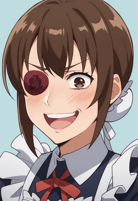 score_9, score_8_up, score_8, source_anime, 1girl <lora:TsubameKamoi:0.85> ,solo, brown hair, brown eyes, short hair, eyepatch, maid, apron, maid apron, hair bun, single hair bun, bun cover, long sleeves, crazy laugh, blush, upper body, looking at viewer,
light blue background, simple background,
