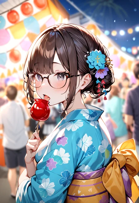 masterpiece, best quality, very aesthetic, absurdres,
ringoame, food, japanese clothes, candy apple, kimono, 1girl, glasses, brown hair, solo focus, hair ornament, yukata, festival, licking, tongue, sash, blue kimono, black eyes
 <lora:ringoame_SDXL_V1:1>
