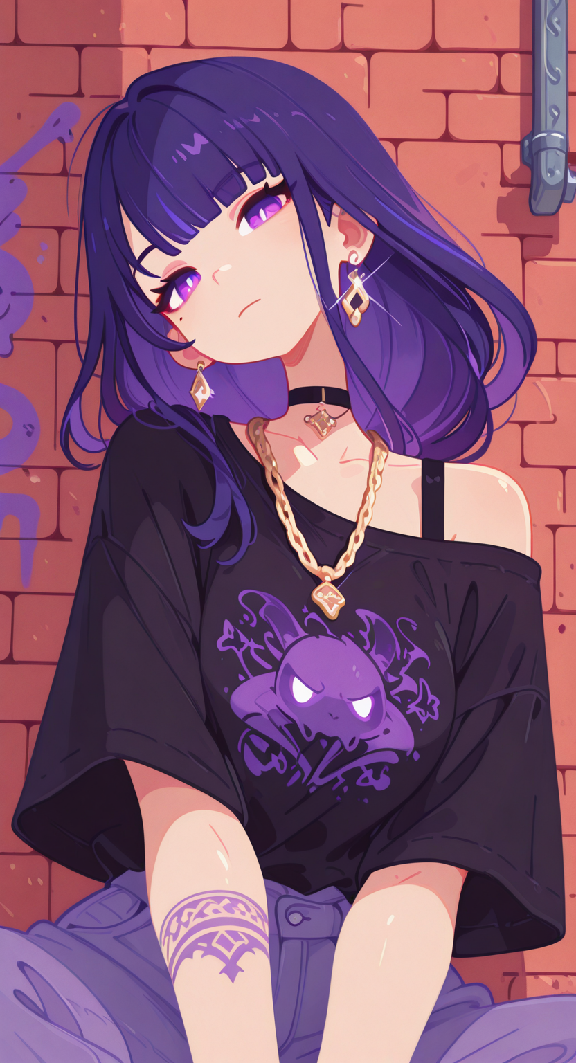 masterpiece, best quality, good quality, newest, highres, absurdres, raiden shogun \(genshin impact\), 1girl, solo, long hair, looking at viewer, shirt, closed mouth, jewelry, sitting, purple eyes, purple hair, short sleeves, earrings, alternate costume, choker, pants, off shoulder, necklace, mole, black shirt, head tilt, mole under eye, tattoo, black choker, t-shirt, casual, glint, contemporary, off-shoulder shirt, arm tattoo, print shirt, single bare shoulder, brick wall, chain necklace, gold chain, graffiti, Rapscallionstyle,
Flat vector illustration,
haiz_ai, no lineart,no outline, <lora:illustriousXL_stabilizer_v1.23:0.3> <lora:NOOB_vp1_detailer_by_volnovik_v1:0.3> <lora:ponyv6_noobE11_2_adamW-000017:0.3> <lora:haiz_ai_illu:0.8> <lora:checkpoint-e18_s306:1.6> <lora:Rapscallion_Illustrious:0.8>