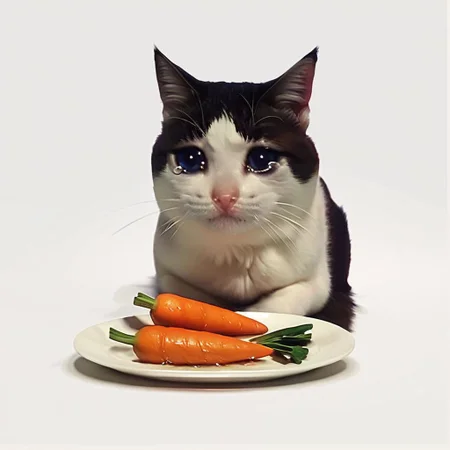 score_9, score_8_up, score_7_up, realistic, plate of carrot, BREAK, ,sad cat meme, in the background,
fat cat sitting ,tears,cry