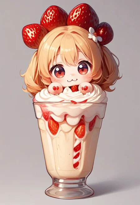 score_9, score_8_up, score_7_up, best quality, fine detail, 1girl, solo, cute, (milkshake chibi), chibi, in glass, strawberry