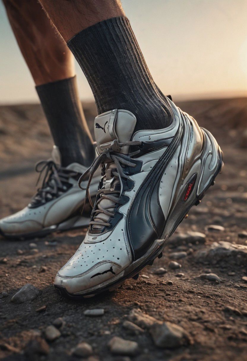 Super Closeup, a detailed running Cyborg Leg in samba retro Sneaker, in Motion, Explore the stark contrast between the ominous, sunset landscape, dystopian backdrop and the vibrant shoes in descent. Running to Edge of Cliff, Dive into the emotions, obstacles, and enigmatic ambiance conveyed by this distinctive scenario. very detailed, raw photo, photorealistic, high detailed texture, 8k uhd, dslr, soft lighting, high quality, film grain, Fujifilm XT3, highly detailed photography, atmospheric haze, Film grain, cinematic film still, shallow depth of field, highly detailed, high budget, cinemascope, moody, epic, OverallDetail, 2000s vintage RAW photo, photorealistic, candid camera, color graded cinematic, eye catchlights, atmospheric lighting, imperfections, natural, shallow dof