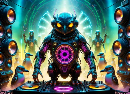 surrealist art Ombre color scheme of neon orange, neon pink, neon blue, neon yellow, neon green, biomechanical cyberpunk psychedelic style cute weird (alien|penguin) creature DJing (at a rave:1.1)  (giant speakers:1.2) (crowd distant background:1.15) (bokeh volumetric lighting, fog:1.1)  <lora:fx-monsters:0.35> fx-monsters  <lora:add-detail-xl:1> <lora:sss:0.8> <lora:xl_more_art-full_v1:0.35> <lora:The_Dark_Side_Of_The_Future:0.25>  <lora:vibracol:0.5> vibracol, subsurface scattering, Photorealistic, Hyperrealistic, analog style, realistic, film photography, soft lighting, heavy shadow . vibrant colors, swirling patterns, abstract forms, surreal, trippy . cybernetics, human-machine fusion, dystopian, organic meets artificial, dark, intricate, highly detailed  . dreamlike, mysterious, provocative, symbolic, intricate, detailed