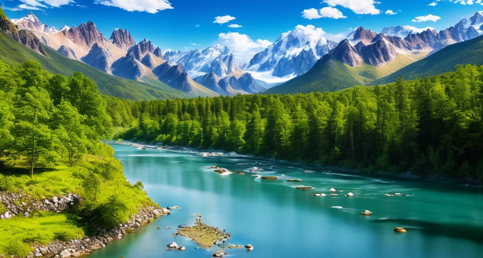 detailed background, masterpiece, best quality, scenery, mountains, river, forest, sun, day, clouds