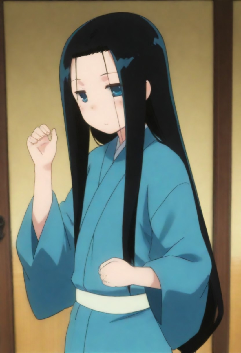 masterpiece, best quality, amazing quality,,, shiny skin,,,,,, anrakutei, blue_eyes, black_hair, very_long_hair, blue_kimono, long_sleeves, wide_sleeves,
