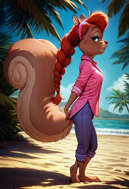 score_9, score_8_up, score_7_up, (best quality:1.1), ultra-detailed, great quality, anthro, high resolution, (((8k))), 1girl, squirrel, squirrel girl, day time, squirrel ears, seduction face, 3/4 side view, Tammy Squirrel, natural light, detailed sun rays, summer, braided hair, daytime, looking at viewer, BREAK., (tropical island), highly detailed background, (sand beach:1,4), half closed eyes, leaning the palm tree, sexy pose, detailed squirrel legs, detailed barefoot, pink shirt, blue pants, highly detailed face, (very detailed face:1.4), fluffy fur