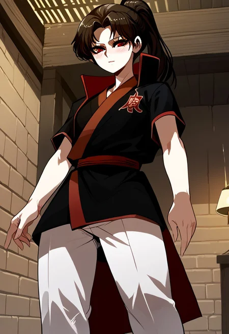 score_9, score_8_up, score_7_up, score_9, score_8_up, score_7_up,Masterpiece,HD,(((HD quality))), (((ultra quality))), hyper ultra detailed, hyper ultra quality,solo,mature female,
<lora:StS_PonyXL_Detail_Slider_v1.4_iteration_3:3>,
Background dungeon, bricks, filth on the walls, anime font,from below, looking at the viewer,indoors,
1girl, detailed, perfect arms, perfect face, perfect hands,alone ,blushed, very blushed,
BREAK
breasts perky,curvy, waist, slim, perfect anatomy, height, tall,perfect body,
BREAK
hoyeon, 1girl, red eyes, ponytail/long hair, Japanese clothes, white pants, short sleeves/black robe,