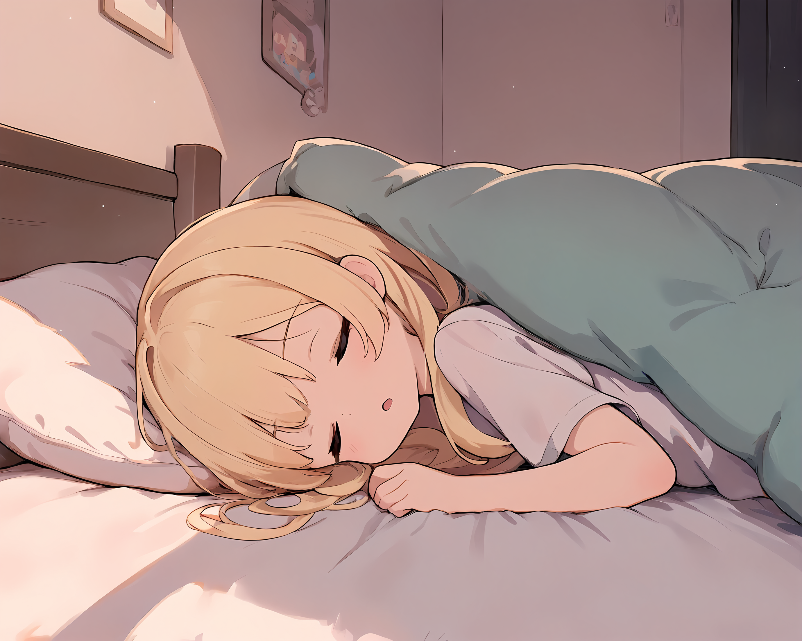 1girl, solo, from side, young girl, blonde hair, sleep on bed, open mouth, indoors, bedroom <lora:newhotaru_ill:1>
