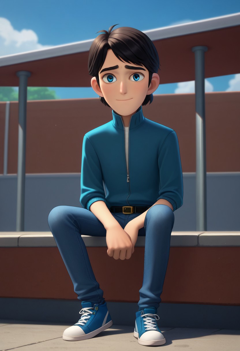 score_9, score_7_up, 
jimth, 1boy, male focus, solo, blue eyes, black hair, short hair, jacket, blue jacket, rolled up sleeves, zipper, belt, jeans, denim, sneakers, sitting, light smile, shy,
outdoor, sky,