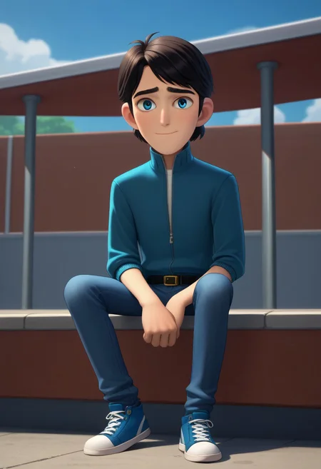 score_9, score_7_up,
jimth, 1boy, male focus, solo, blue eyes, black hair, short hair, jacket, blue jacket, rolled up sleeves, zipper, belt, jeans, denim, sneakers, sitting, light smile, shy,
outdoor, sky,