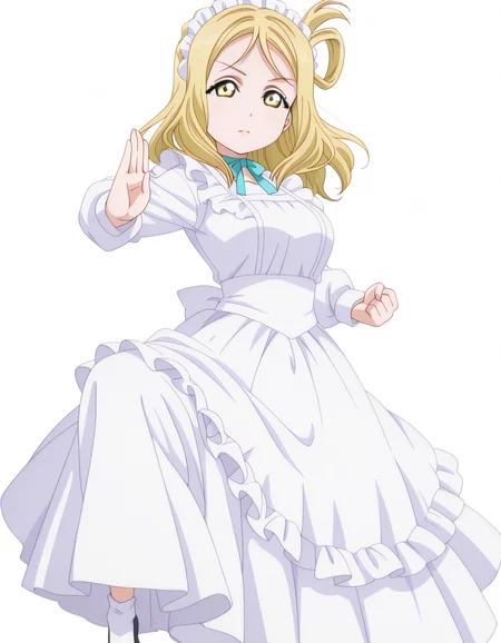 masterpiece, best quality, amazing quality,, <lora:mari-ohara-s2-illustriousxl-lora-nochekaiser:1>, mari ohara, ohara mari, long hair, bangs, blonde hair, hair ornament, yellow eyes, braid, medium hair, hair rings, crown braid, mature female, breasts, anime screencap, <lora:victorian-illustriousxl-lora-nochekaiser:1>, victorian, maid headdress, frilled apron, long dress, ribbon choker, <lora:kung-fu-illustriousxl-lora-nochekaiser:1>, kung fu, martial arts, training, fighting stance, cowboy shot, leg up, , <lora:transparent-background-illustriousxl-lora-nochekaiser:1>, transparent background, simple background, white background