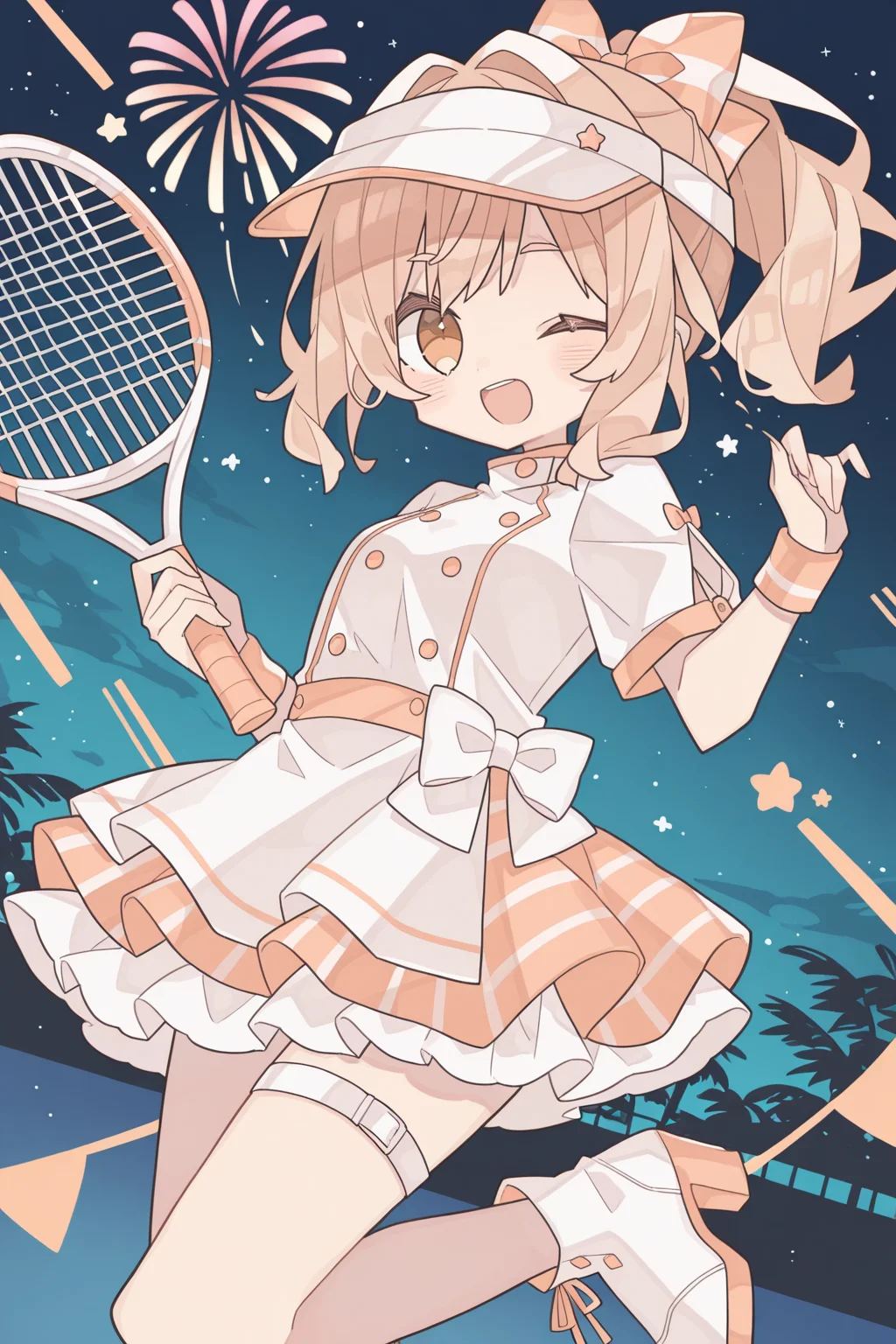 <lora:rororoyu:1>, rororoyu, 1girl, one eye closed, tennis racket, fireworks, night, smile, racket, solo, open mouth, skirt, visor cap, night sky, wristband, standing on one leg, high heels, leg up, frills, striped clothes, looking at viewer, bow, frilled skirt, sky, standing, holding, boots, short sleeves, outdoors, hair bow, ;d, star \(sky\), white footwear, ribbon, thigh strap, layered skirt
