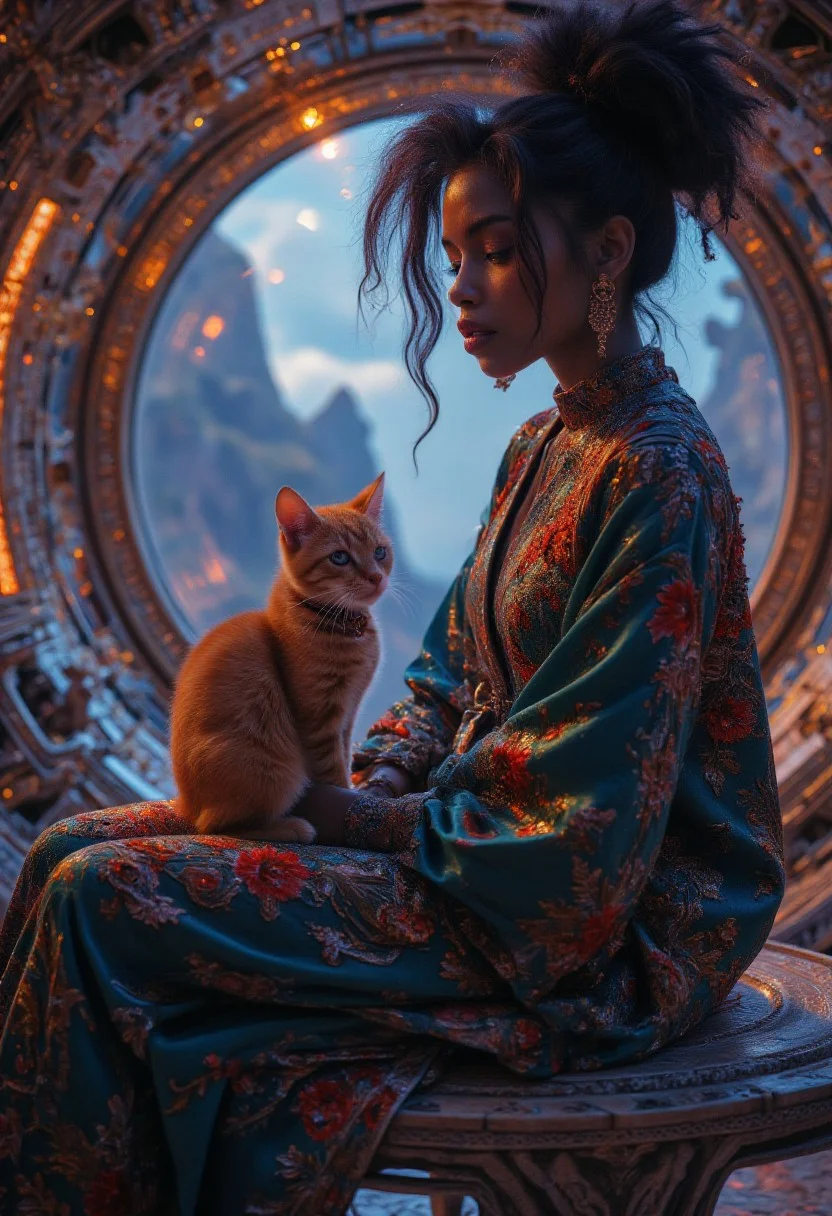 A beautiful black woman sits with her cat in an exotic futuristic room with large windows, she wears an embroidered tunic and pants, the window looks out over a dramatic landscape, ambient lighting, close up portrait, decorative, futuristic, clean lines in reminiscent of Aubrey Beardsly