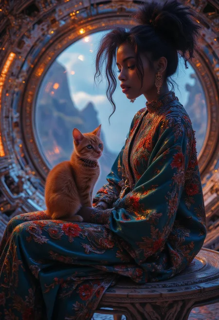 A beautiful black woman sits with her cat in an exotic futuristic room with large windows, she wears an embroidered tunic and pants, the window looks out over a dramatic landscape, ambient lighting, close up portrait, decorative, futuristic, clean lines in reminiscent of Aubrey Beardsly