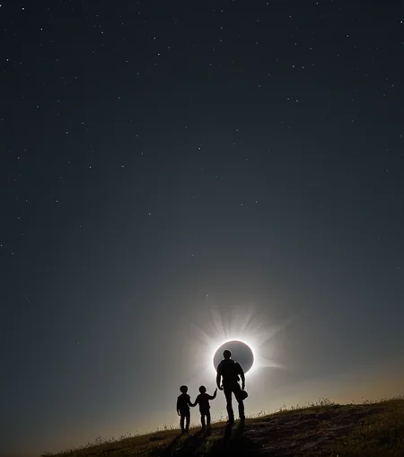 <lora:3cl1p53_01XL-000008:1.1>,(3cl1p53 style),a RAW photograph of (3cl1p53 eclipse:0.9) (rising high in the sky above),with the silhouette of a (father hiking his young son:1.2), standing at (the top of a hill:1.1),staring at a (eclipse:0.9)in a starry sky, dark at night,HDR,(wide angle shot:1.2),sharp focus,(highly detailed),(8k wallpaper),intricately detailed,highres,absurdres,hyper realistic,8K UHD DSLR,IMAX,extremely intricate,4k textures,cinematic look),hyperdetailed