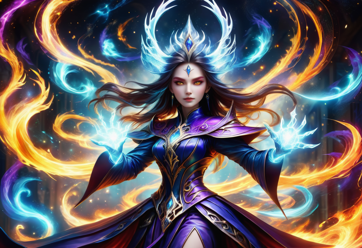 hyper detailed masterpiece, dynamic, awesome quality,  volatile radiant DonMM4g1cXL magic, sorceress <lora:DonMM4g1cXL:1>