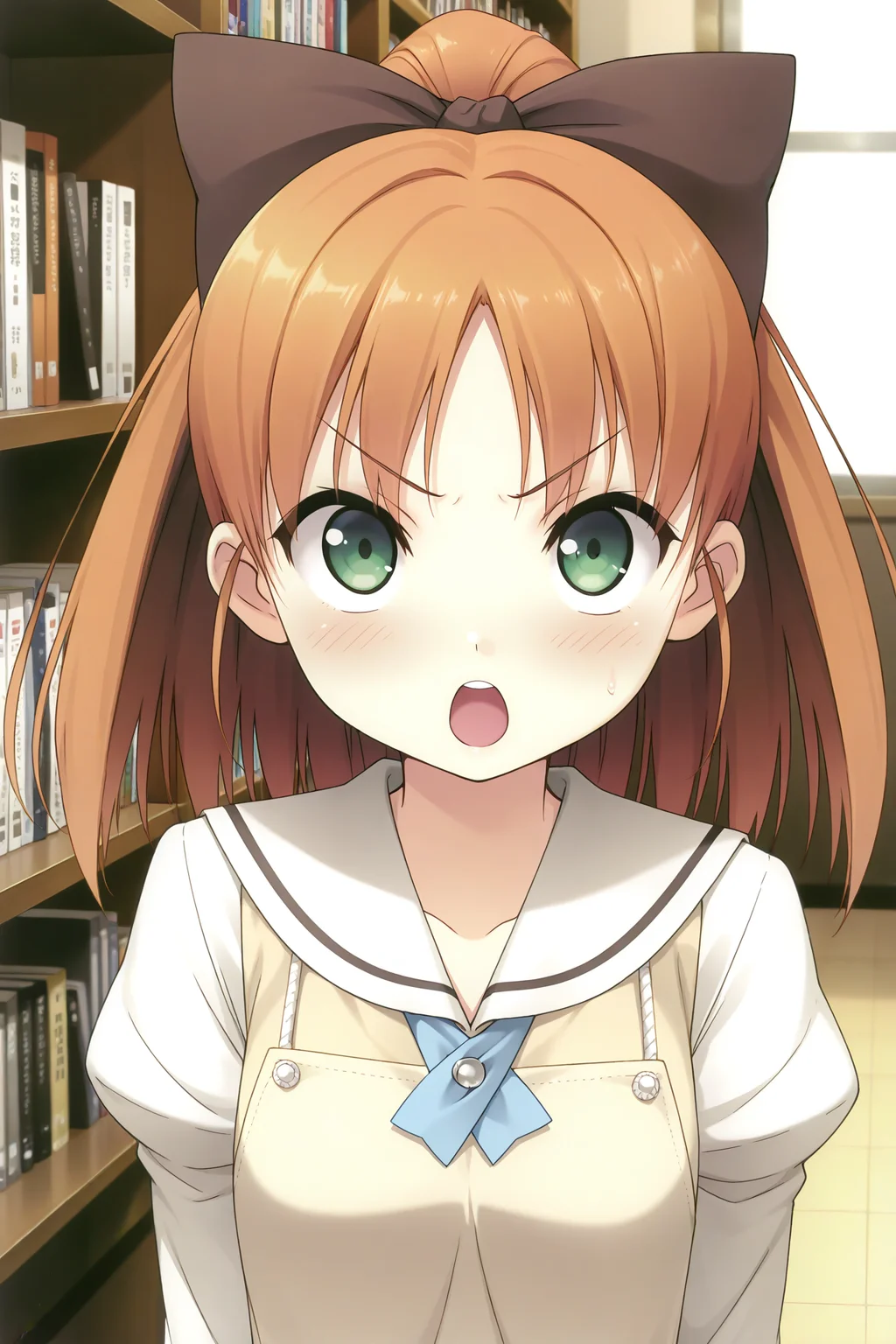masterpiece, best quality, absurdres, official art, official style, rating general BREAK <lora:minagawayuuhi_IL_v1-1:0.7>, minagawa yuuhi, 1girl, solo, open mouth, green eyes, brown hair, orange hair, short hair, high ponytail, wide ponytail, hair bow, black bow, large bow, medium breasts, small breasts, school uniform, serafuku, white sailor collar, yellow sweater vest, white shirt, juliet sleeves, sleeves past wrists, yellow apron, upper body, indoors, close-up, bookshelf, book,
blush, :o, angry, looking at viewer, looking up, open mouth, v-shaped eyebrows