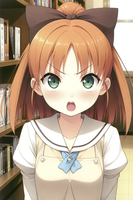 masterpiece, best quality, absurdres, official art, official style, rating general BREAK <lora:minagawayuuhi_IL_v1-1:0.7>, minagawa yuuhi, 1girl, solo, open mouth, green eyes, brown hair, orange hair, short hair, high ponytail, wide ponytail, hair bow, black bow, large bow, medium breasts, small breasts, school uniform, serafuku, white sailor collar, yellow sweater vest, white shirt, juliet sleeves, sleeves past wrists, yellow apron, upper body, indoors, close-up, bookshelf, book,
blush, :o, angry, looking at viewer, looking up, open mouth, v-shaped eyebrows