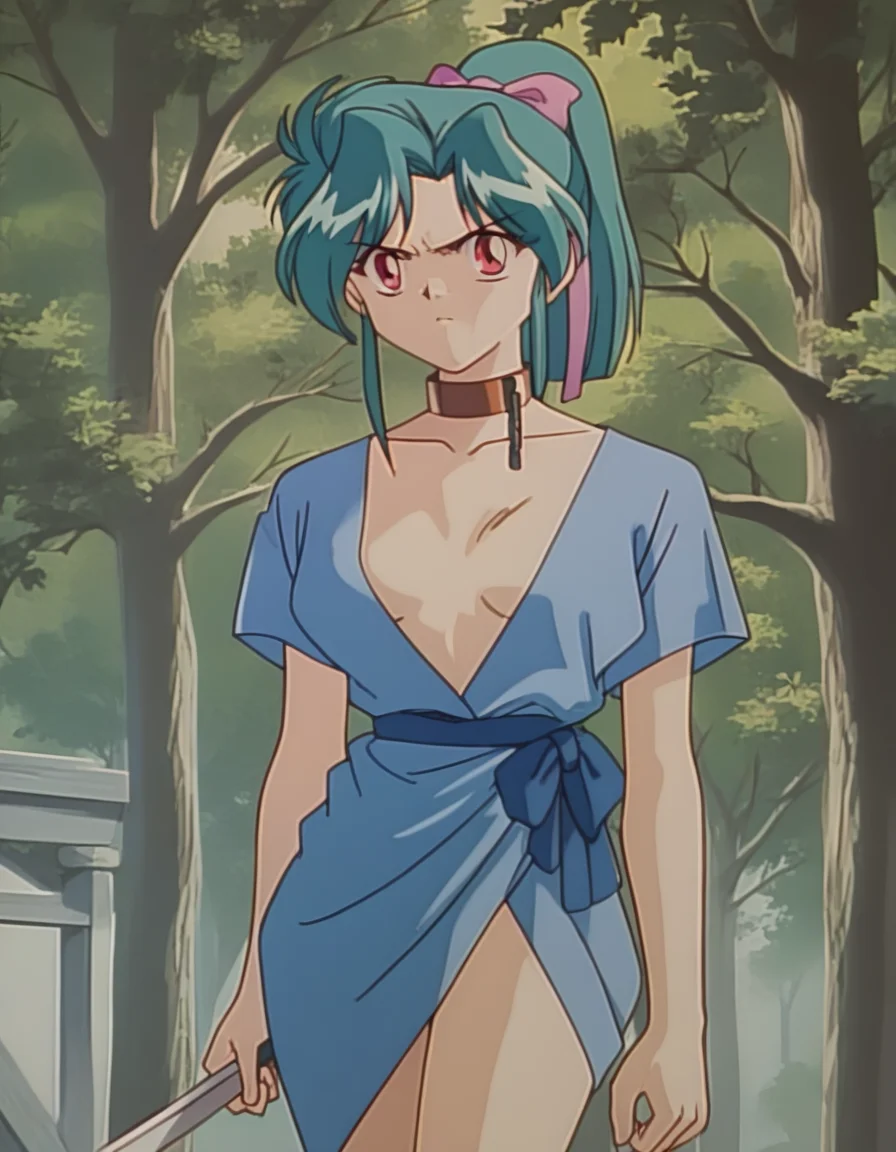 score_9,  score_8_up, score_7_up, source_anime,  1girl, solo, <lora:diana-minerva-ponyxl:0.9> mnkda, collar, chain, short kimono, ponytail, holding sword, angry, looking at viewer, tree