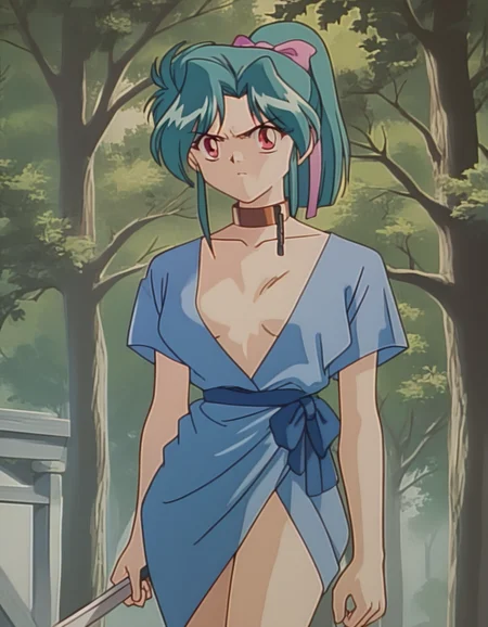 score_9,  score_8_up, score_7_up, source_anime,  1girl, solo, <lora:diana-minerva-ponyxl:0.9> mnkda, collar, chain, short kimono, ponytail, holding sword, angry, looking at viewer, tree