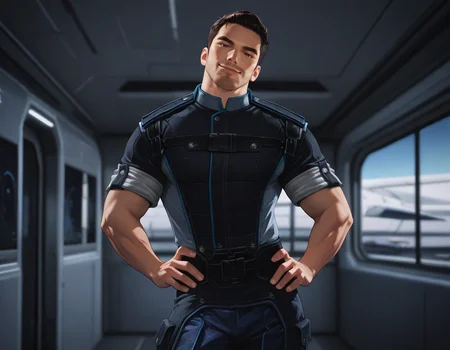 masterpiece, best quality, newest, perfect quality, best quality, detailed background, intricate details, male focus, solo, <lora:Mass Effect - Kaidan Alenko - Illustrious-000006:0.7>, mekalenko, 1boy, dark brown hair, short hair, thick stubble, brown eyes, looking at viewer, contrapposto, space station interior, uniform shirt, sleeves rolled up, uniform belt, uniform pants, uniform boots, head tilt towards viewer, smirk, standing, hands on own hips, window, spacecraft