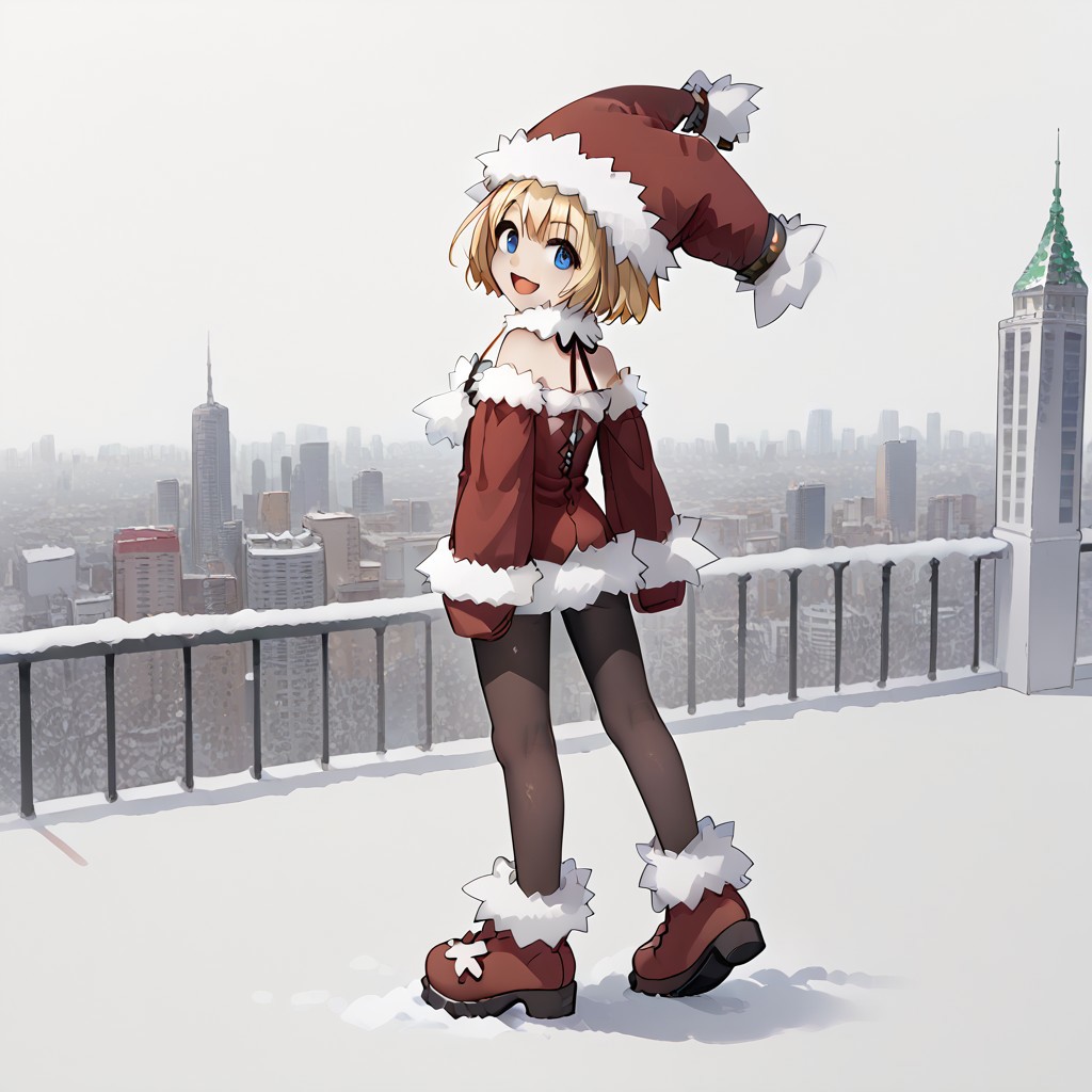 , cheek, fur-trimmed boots, 1girl_Witch, arched back, fur-trimmed headwear, Look here, white  background, 1girl_witch, solo, fur-trimmed dress, bare shoulders, red footwear, pantyhose, fur-trimmed sleeves, smile, open mouth,fur-trimmed red clothes, full body, outdoor,city,anime,animation,
