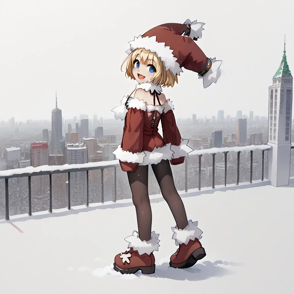 , cheek, fur-trimmed boots, 1girl_Witch, arched back, fur-trimmed headwear, Look here, white background, 1girl_witch, solo, fur-trimmed dress, bare shoulders, red footwear, pantyhose, fur-trimmed sleeves, smile, open mouth,fur-trimmed red clothes, full body, outdoor,city,anime,animation,
