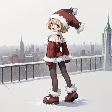 , cheek, fur-trimmed boots, 1girl_Witch, arched back, fur-trimmed headwear, Look here, white  background, 1girl_witch, solo, fur-trimmed dress, bare shoulders, red footwear, pantyhose, fur-trimmed sleeves, smile, open mouth,fur-trimmed red clothes, full body, outdoor,city,anime,animation,