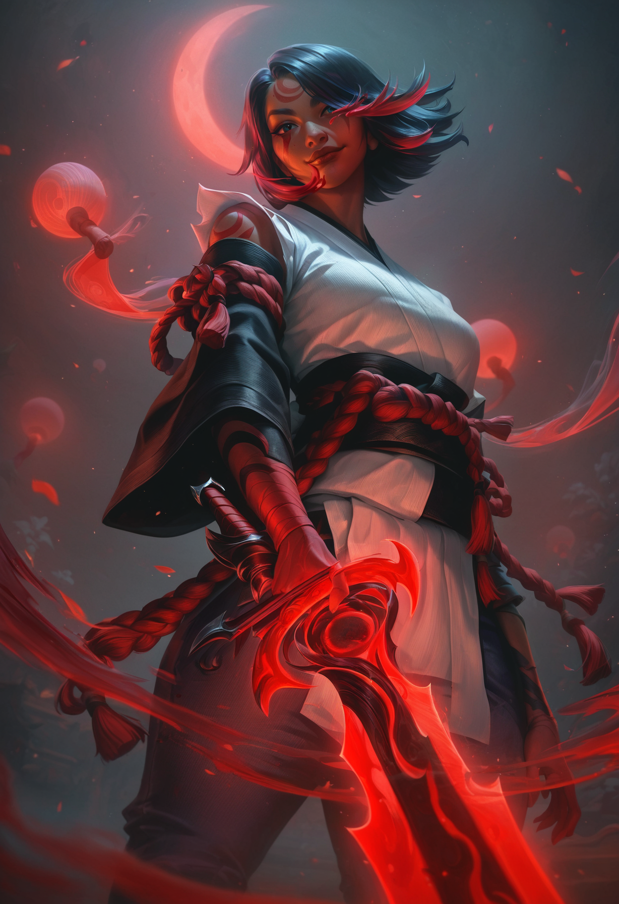 l0lspl4sh, source_anime, score_9, score_8_up, score_7_up, year2024, year2023, 1girl, blood moon 1girl, blood moon, West Studio, sixmorevodka, solo, a samurai woman is holding her sword reflecting a pair of eyes, dark background, red and white clothes, purple magic, cyan, blurry foreground, sneaking, foreshortening, moving towards viewer, close-up, detailed face, single pauldron, blurry background, smirk,  <lora:L0LSPL4SH_40epochs:1>