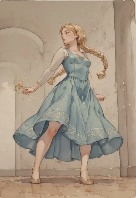 ( watercolor):2, (pastel colors), high detail, (lineless:1.2), (realistic), detailed, depth of field, dynamic lighting, masterpiece, detailed_eyes, high_quality, best_quality, highres, (muted colors), pencil lines,
(bottom view), (angle view), woman in bright blue medieval dress, gold hair band, gemstone net in hair,
square neckline dress, tight sleeve, long sleeve, tight dress, small breasts, floor length dress, dress with lacing on the sides,
golden hair, braided into two braids, thick braids, long braids, floor length braids, ribbons woven into braids, high neck, open forehead, (noble profile), haughty,
full body,
makes throwing motion, throws gold coins,