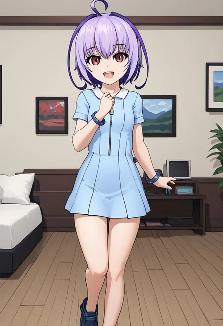 score_4,score_5,score_6,score_7_up,score_8_up,score_9
((masterpiece,best quality,ultra detailed,highres,HD,4k:1.2)),
1 girl,solo,girl forcus,upper body,
Purple hair,side locks,ahoge,multicolored hair,short hair, red eyes, short sleeves, blue dress, zipper, bracelet, thighs, bare legs,shoes,
smile,open mouth,happy,room,living room,
