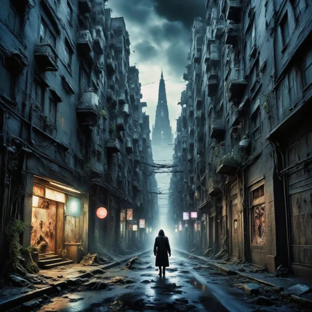 high quality, 8K Ultra HD, This artwork envisions a metropolis where elements of nightmarish surrealism converge into a scary, gore, horror scene, Escher's influence is subtly incorporated, transforming the city into an intricate, mind-bending spectacle, Stark contrasts between light and dark enhance the dreamlike quality of the scene, creating an unsettling yet captivating urban horrific dreamscape, photorealistic, ultra realistic