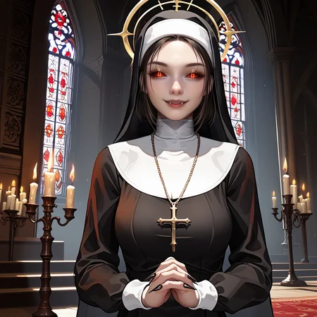 score_9,score_8_up,score_7_up,perfect anatomy,source_anime,zPDXLxxx,<lora:d3t41l3dXLP:0.7>,d3t41l3d,
1girl,solo,<lora:Serana:0.7>,serana,red eyes,black sclera,slit pupils,glowing pupils,glowing eyes,cleavage,sharp fingernails,black lips,<lora:traditional-nun-ponyxl-lora-nochekaiser:1>,traditional nun,nun,habit,long sleeves,dress,black dress,jewelry,halo,black veil,cross,cross necklace,fang out,
indoors,church,flower vase,candlestand,candlelight,sunbeam,
looking at viewer,smile,hands up,own hands together,praying,closed mouth,cowboy shot,