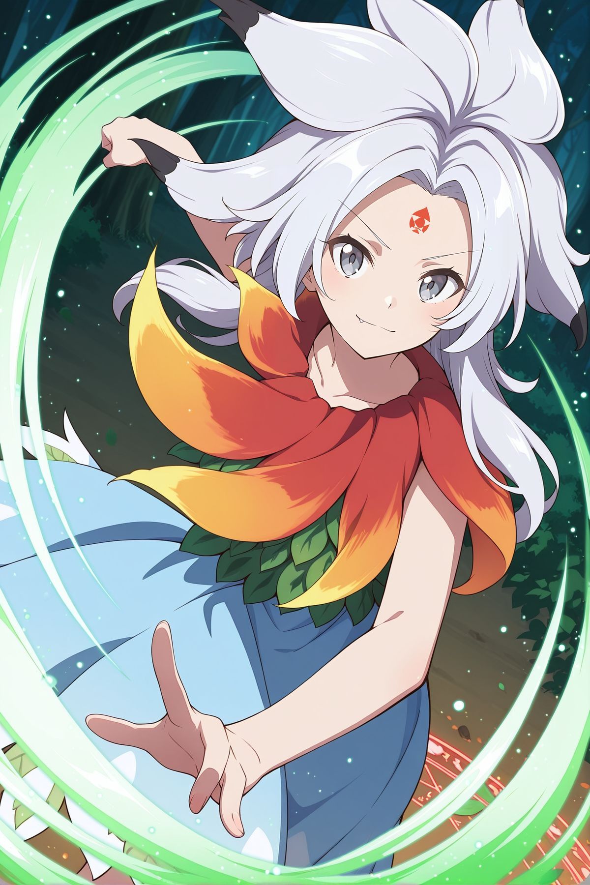absurdres, highres, masterpiece, best quality, amazing quality, official anime artwork, screencap, anime screencap, outdoors, looking at viewer, light smile, dynamic pose, 
 <lora:Chimi-Houjuu_Illustrious:1> houjuu chimi, 1girl, solo, grey eyes, white hair, long hair, parted bangs, v-shaped eyebrows, fang, forehead mark,, collarbone, green vest, blue dress, sleeveless dress, leaf clothing, red leaf, wind, light particles, dust, red magic circle, green danmaku, gren particles,