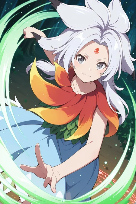 absurdres, highres, masterpiece, best quality, amazing quality, official anime artwork, screencap, anime screencap, outdoors, looking at viewer, light smile, dynamic pose,
<lora:Chimi-Houjuu_Illustrious:1> houjuu chimi, 1girl, solo, grey eyes, white hair, long hair, parted bangs, v-shaped eyebrows, fang, forehead mark,, collarbone, green vest, blue dress, sleeveless dress, leaf clothing, red leaf, wind, light particles, dust, red magic circle, green danmaku, gren particles,