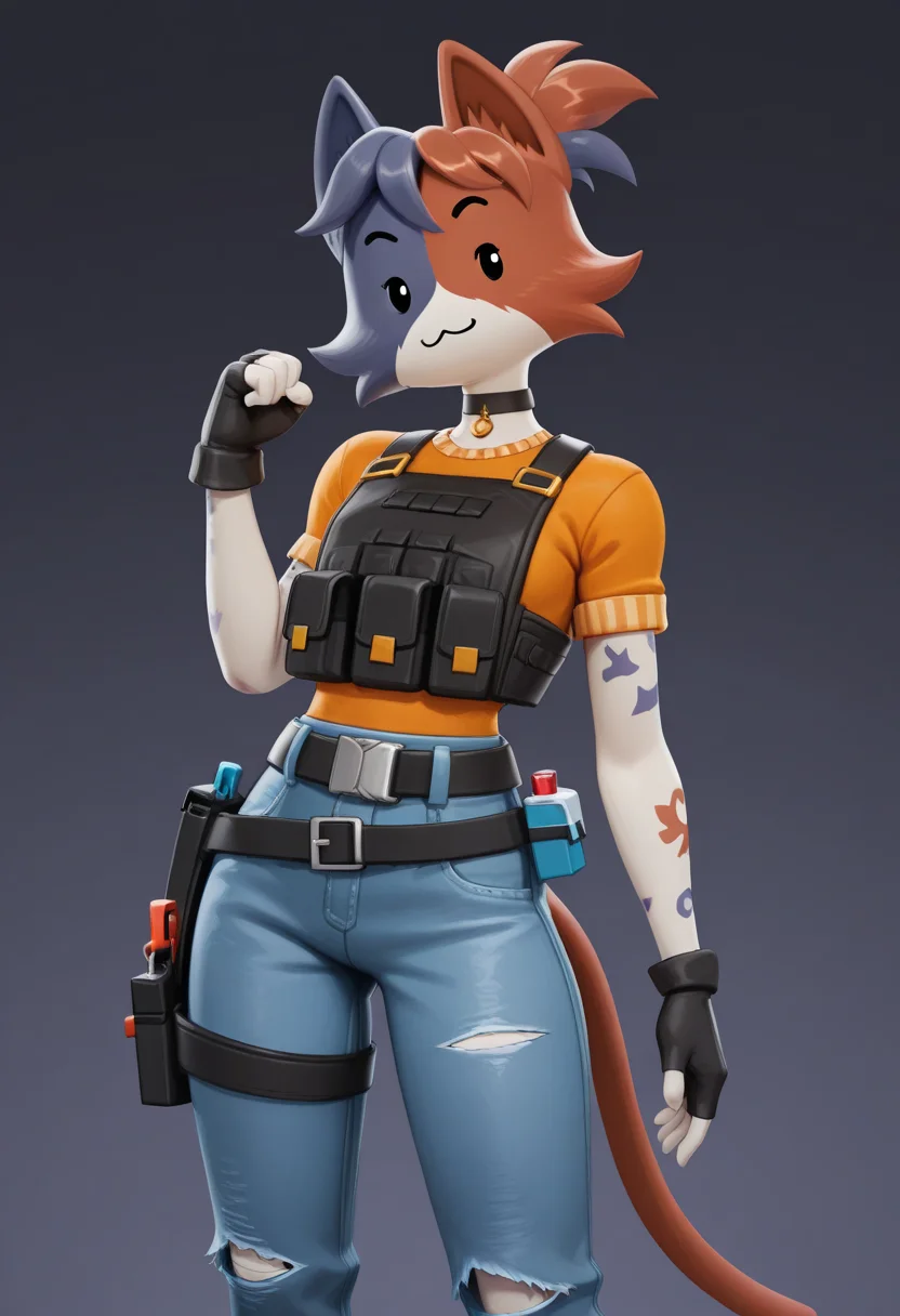 masterpiece, good quality, best quality, very awa, very as2, absurdres, highres, 2d, CateMeowdyFN, anthro, calico, simple face, multicolor fur, ears, cat ears, cat tail, :3, furry, animal ears, body fur, arm markings, ponytail, black gloves, fingerless gloves, choker, short sleeves, orange shirt, belt, holster, torn clothes, pouch, jeans, denim, black plate carrier, <lora:CateMeowdyFortnite:0.8>